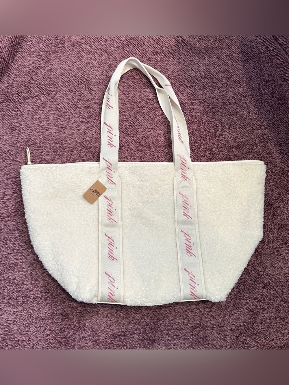 PINK Victoria's Secret White Sherpa Tote with Pink Logo Straps